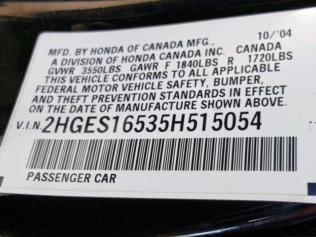 2HGES16535H515054 - 2005 HONDA CIVIC LX BLACK photo 10