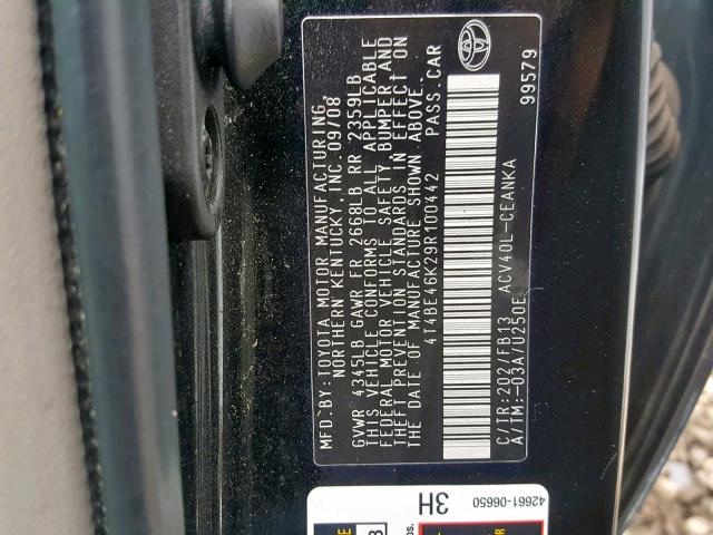 4T4BE46K29R100442 - 2009 TOYOTA CAMRY BASE CHARCOAL photo 10