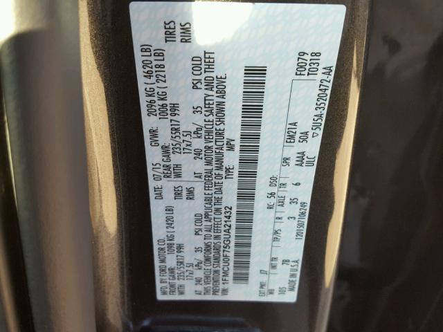 1FMCU0F75GUA21432 - 2016 FORD ESCAPE S GRAY photo 10