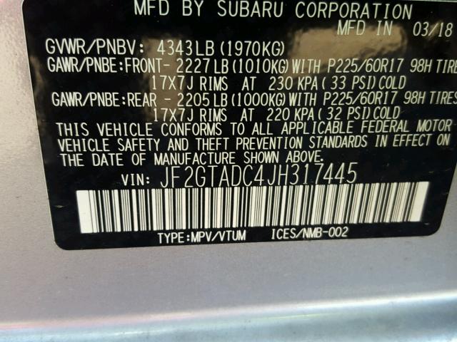 JF2GTADC4JH317445 - 2018 SUBARU CROSSTREK SILVER photo 10