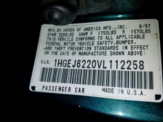 1HGEJ6220VL112258 - 1997 HONDA CIVIC DX GREEN photo 10