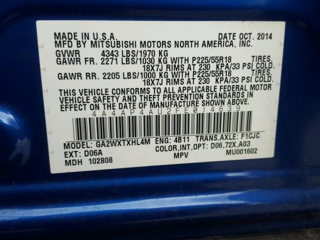 4A4AP4AU2FE014639 - 2015 MITSUBISHI OUTLANDER BLUE photo 10