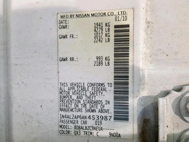 1N4AL2AP6AN453987 - 2010 NISSAN ALTIMA BAS WHITE photo 10