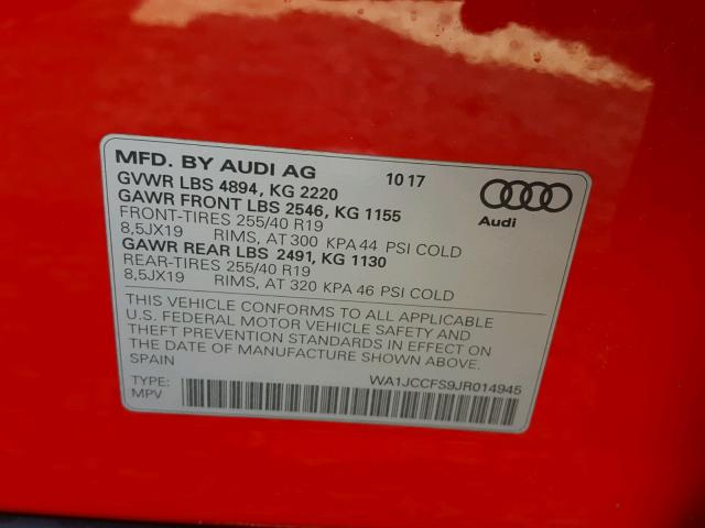 WA1JCCFS9JR014945 - 2018 AUDI Q3 PREMIUM RED photo 10