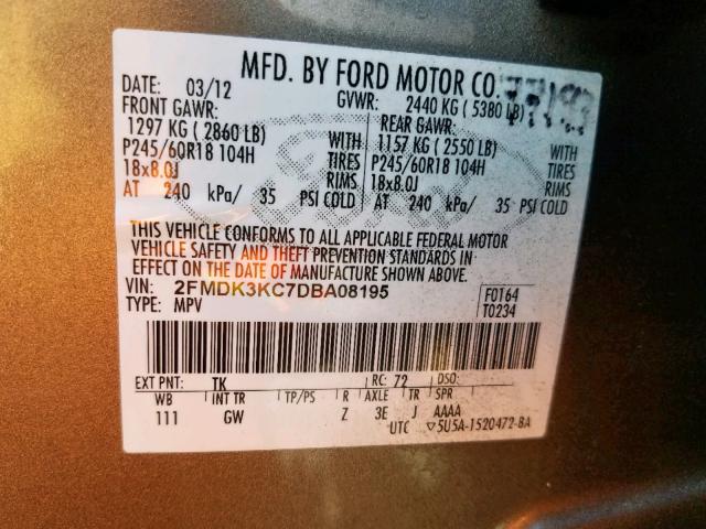 2FMDK3KC7DBA08195 - 2013 FORD EDGE LIMIT GRAY photo 10