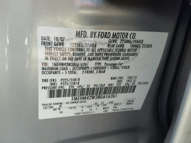 1MEHM42W38G616261 - 2008 MERCURY SABLE PREM GRAY photo 10