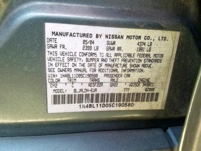 1N4BL11D05C190580 - 2005 NISSAN ALTIMA SE GREEN photo 10