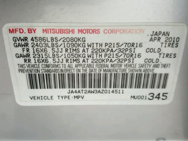 JA4AT2AW3AZ014511 - 2010 MITSUBISHI OUTLANDER SILVER photo 10