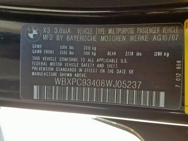 WBXPC93408WJ05237 - 2008 BMW X3 3.0SI BLACK photo 10