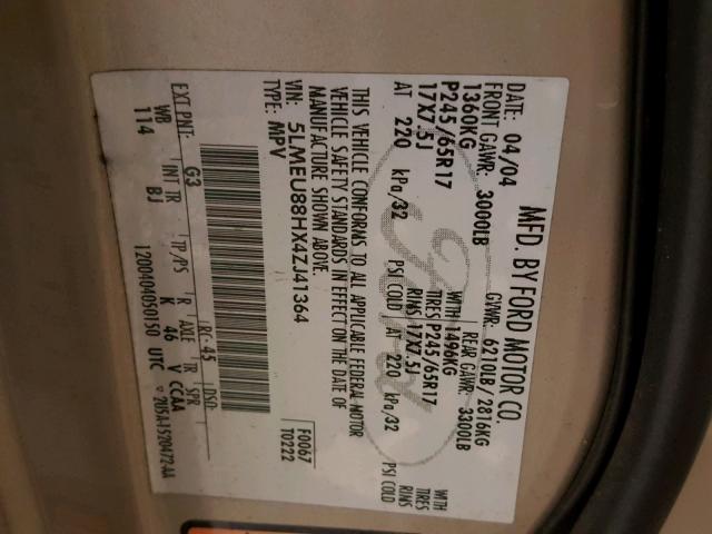 5LMEU88HX4ZJ41364 - 2004 LINCOLN AVIATOR 棕色 照片 10