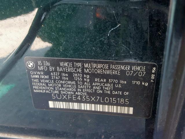 5UXFE435X7L015185 - 2007 BMW X5 3.0I GREEN photo 10