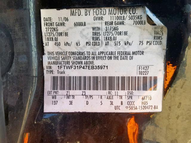 1FTWF31P47EB35971 - 2007 FORD F350 SRW S BLACK photo 10