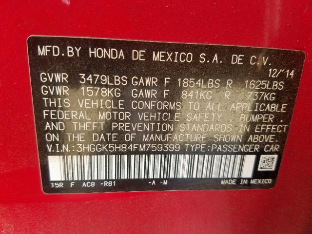 3HGGK5H84FM759399 - 2015 HONDA FIT EX RED photo 10