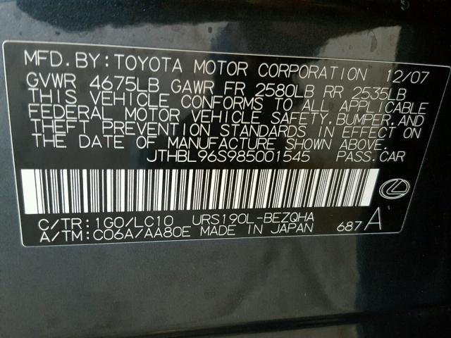 JTHBL96S985001545 - 2008 LEXUS GS 460 GRAY photo 10