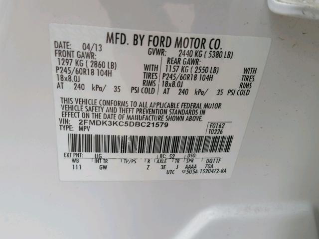 2FMDK3KC5DBC21579 - 2013 FORD EDGE LIMIT WHITE photo 10