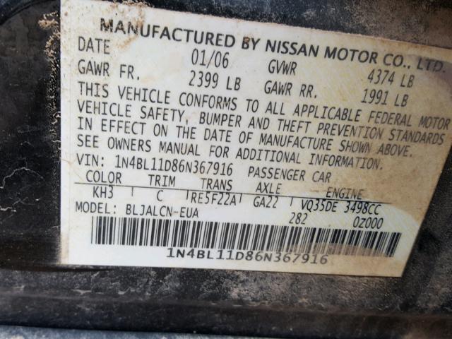 1N4BL11D86N367916 - 2006 NISSAN ALTIMA SE BLACK photo 10