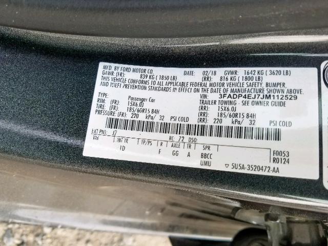 3FADP4EJ7JM112529 - 2018 FORD FIESTA SE GRAY photo 10