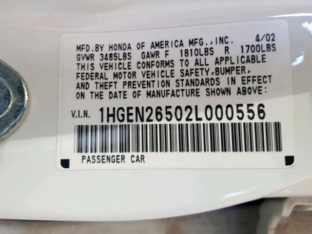 1HGEN26502L000556 - 2002 HONDA CIVIC GX WHITE photo 10