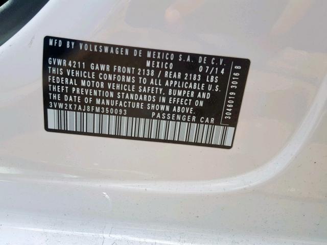 3VW2K7AJ8FM350093 - 2015 VOLKSWAGEN JETTA BASE 白色 照片 10