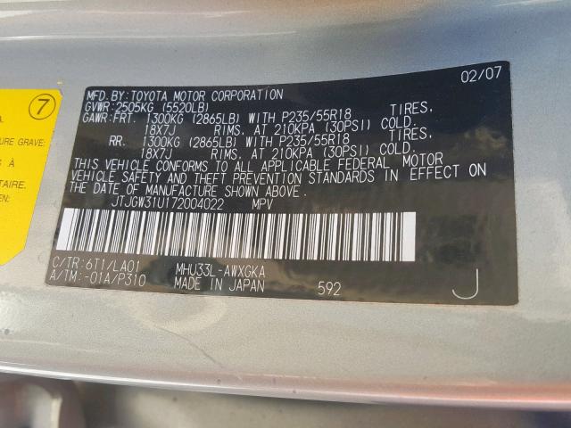 JTJGW31U172004022 - 2007 LEXUS RX 400H SILVER photo 10