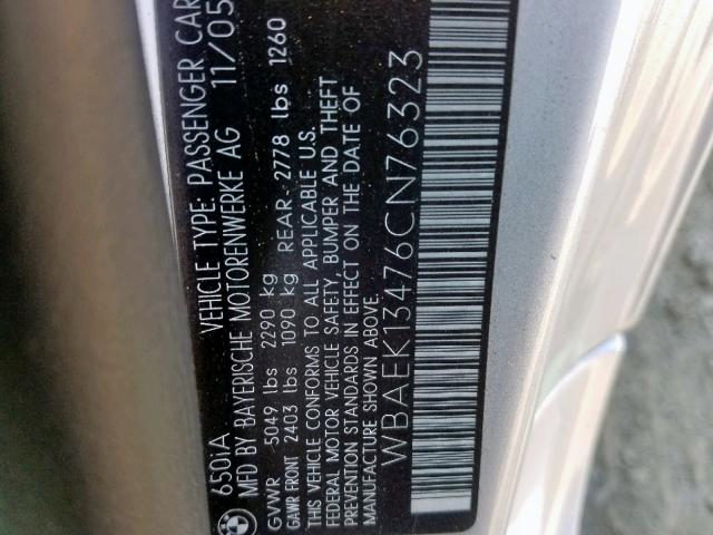 WBAEK13476CN76323 - 2006 BMW 650 I SILVER photo 10