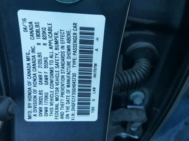 2HGFC1F35GH645730 - 2016 HONDA CIVIC EX GRAY photo 10