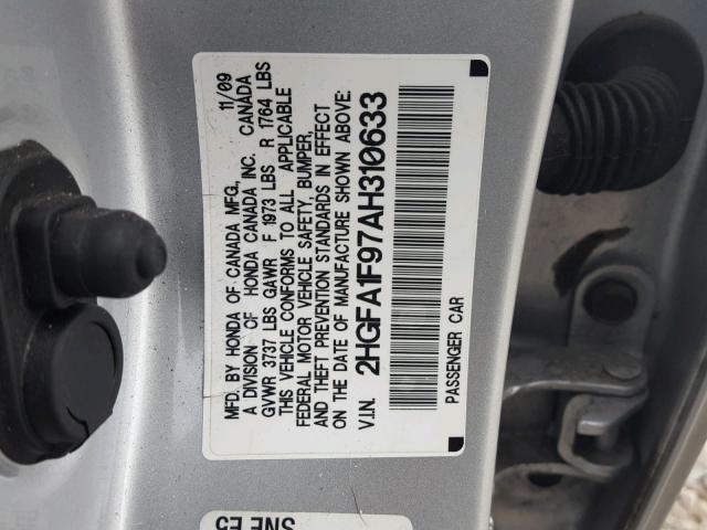 2HGFA1F97AH310633 - 2010 HONDA CIVIC EXL SILVER photo 10