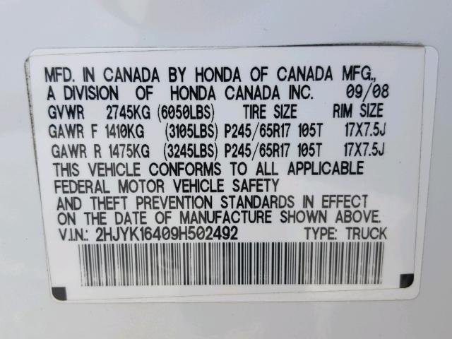 2HJYK16409H502492 - 2009 HONDA RIDGELINE WHITE photo 10