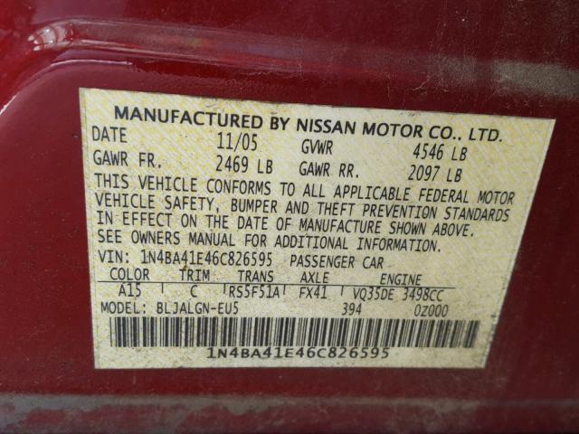 1N4BA41E46C826595 - 2006 NISSAN MAXIMA SE RED photo 10