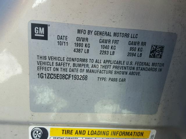 1G1ZC5E08CF193268 - 2012 CHEVROLET MALIBU 1LT ოქროსფერი ფოტო 10