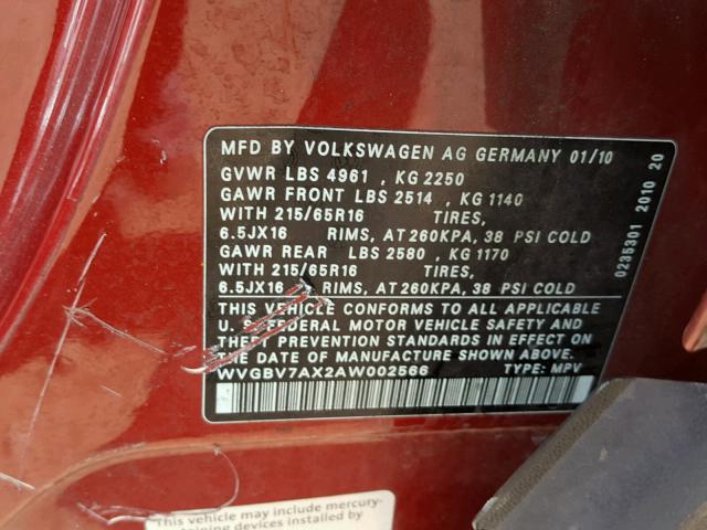 WVGBV7AX2AW002566 - 2010 VOLKSWAGEN TIGUAN SE RED photo 10