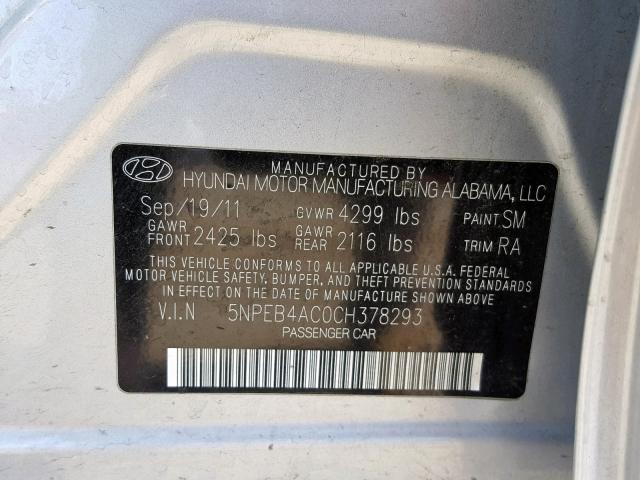 5NPEB4AC0CH378293 - 2012 HYUNDAI SONATA GLS SILVER photo 10