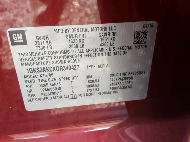 1GKS2AKCXGR340427 - 2016 GMC YUKON SLE RED photo 10