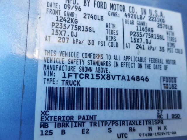 1FTCR15X8VTA14846 - 1997 FORD RANGER SUP BLUE photo 10