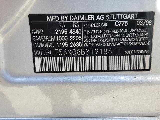 WDBUF56X08B319186 - 2008 MERCEDES-BENZ E 350 SILVER photo 10