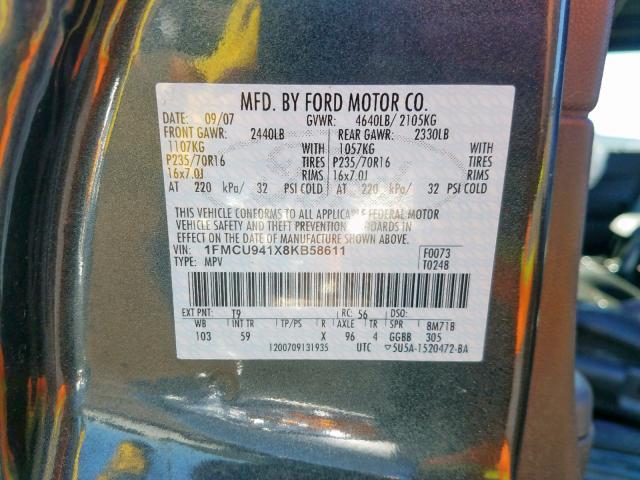 1FMCU941X8KB58611 - 2008 FORD ESCAPE LIM GRAY photo 10