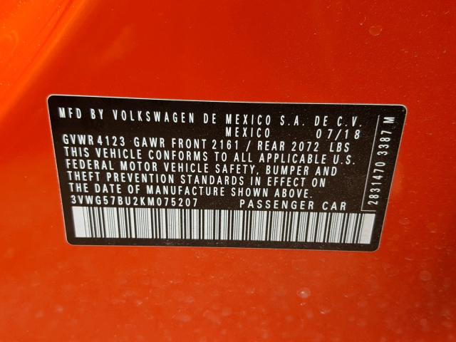 3VWG57BU2KM075207 - 2019 VOLKSWAGEN JETTA SEL ORANGE photo 10