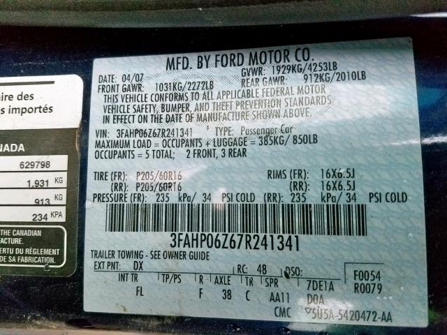 3FAHP06Z67R241341 - 2007 FORD FUSION S BLUE photo 10