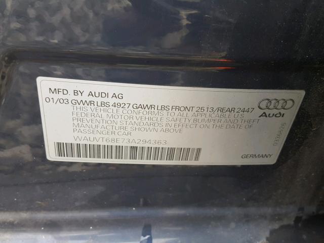 WAUVT68E73A294363 - 2003 AUDI A4 3.0 AVA BLUE photo 10