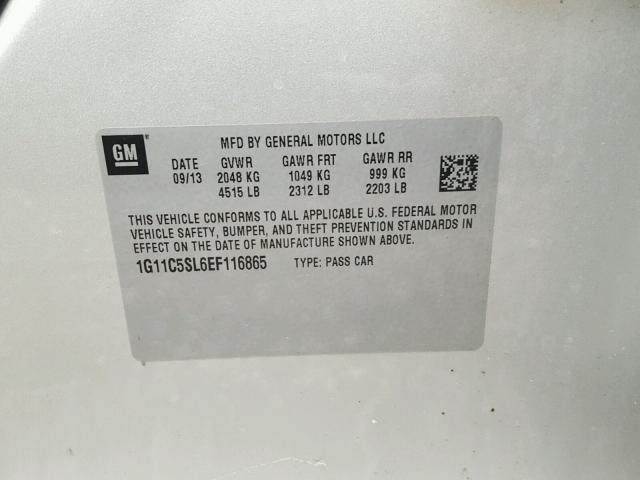 1G11C5SL6EF116865 - 2014 CHEVROLET MALIBU 1LT 银色 照片 10