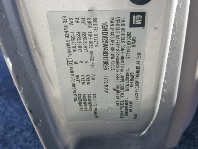 1GNDV23W48D179895 - 2008 CHEVROLET UPLANDER L Gümüş foto 10