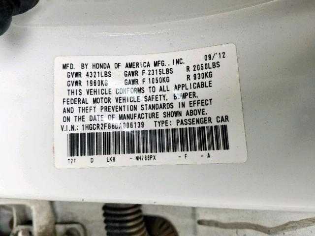 1HGCR2F88DA006139 - 2013 HONDA ACCORD EXL WHITE photo 10