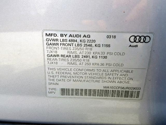 WA1ECCFS6JR029033 - 2018 AUDI Q3 PREMIUM SILVER photo 10