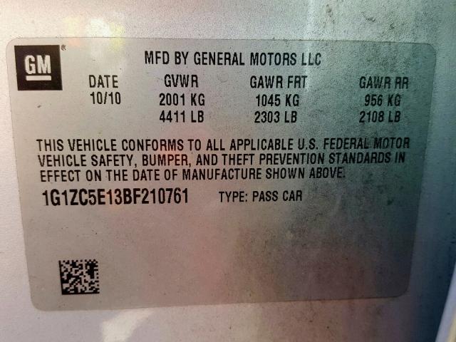 1G1ZC5E13BF210761 - 2011 CHEVROLET MALIBU 1LT SILVER photo 10