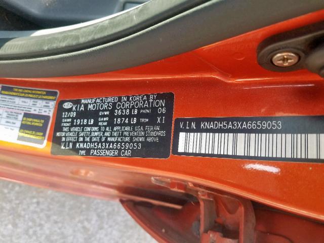 KNADH5A3XA6659053 - 2010 KIA RIO LX ORANGE photo 10