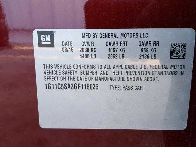 1G11C5SA3GF118025 - 2016 CHEVROLET MALIBU LIM 栗色 照片 10