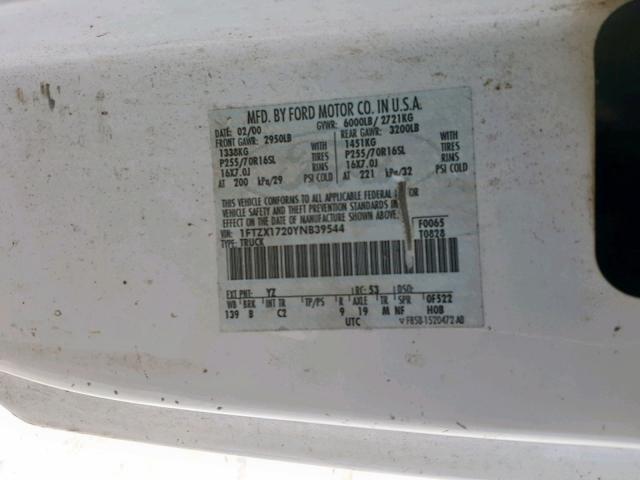 1FTZX1720YNB39544 - 2000 FORD F150 WHITE photo 10