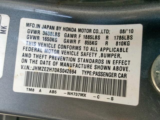 JHMZE2H70AS042694 - 2010 HONDA INSIGHT GRAY photo 10