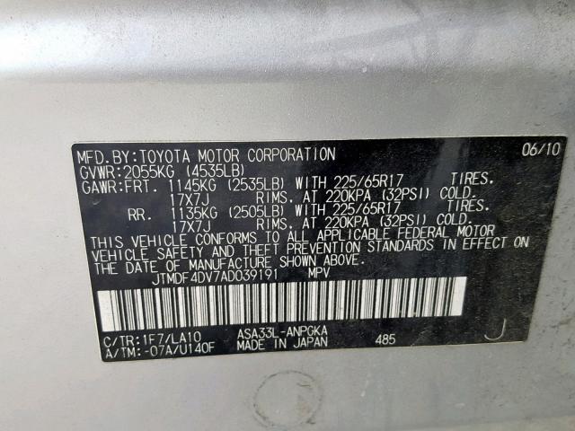 JTMDF4DV7AD039191 - 2010 TOYOTA RAV4 LIMIT SILVER photo 10