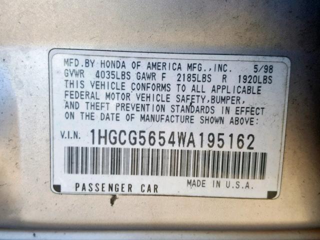 1HGCG5654WA195162 - 1998 HONDA ACCORD EX SILVER photo 10